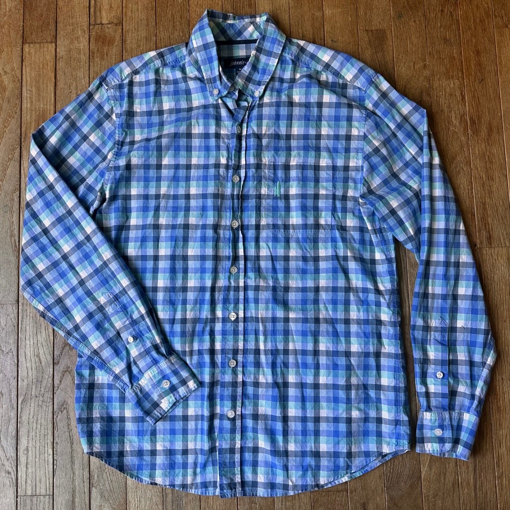 Johnnie-O Button Down Shirt Mens Medium Egyptian Cotton Plaid Blue Modern Casual